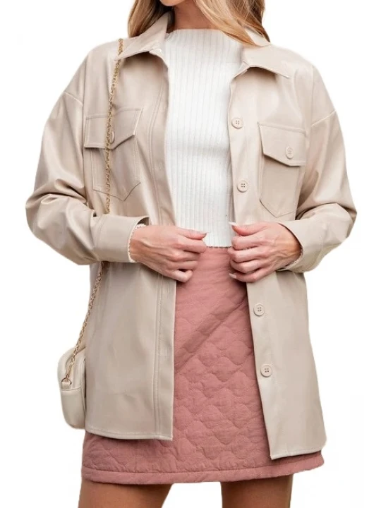 Cream Oversized Leather Shirt Jacket