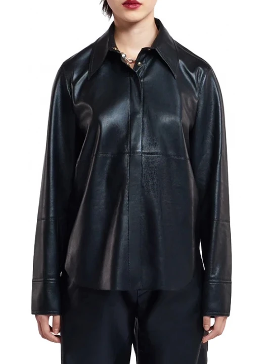 Curves Hem Black Leather Shirt