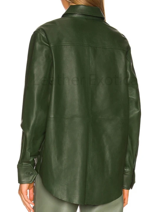 Dual Buttons And Zipper Closure Green Leather Shirt