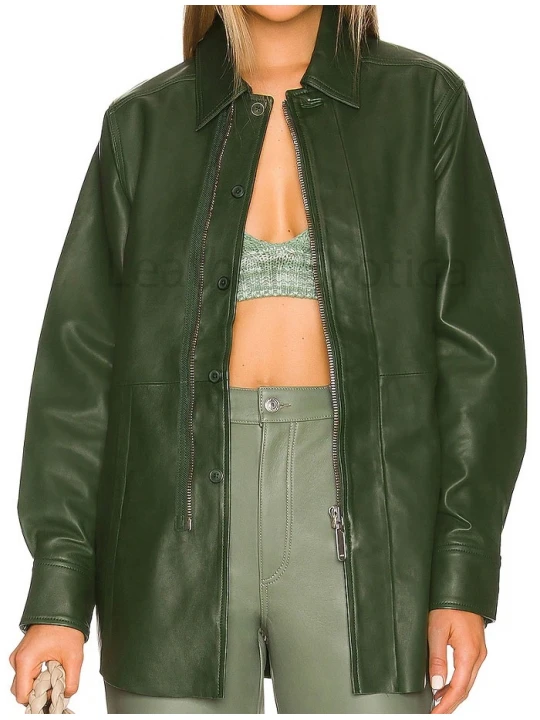 Dual Buttons And Zipper Closure Green Leather Shirt