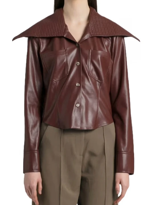 Exaggerated Ribbed Collar Burgundy Leather Shirt