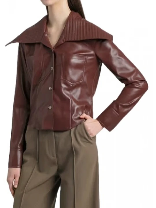 Exaggerated Ribbed Collar Burgundy Leather Shirt