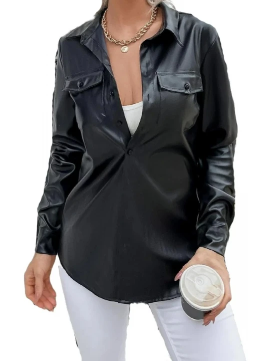 Flap Pocket Black Leather Blouse