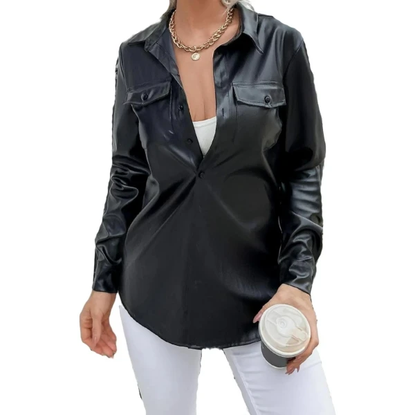 Flap Pocket Black Leather Blouse