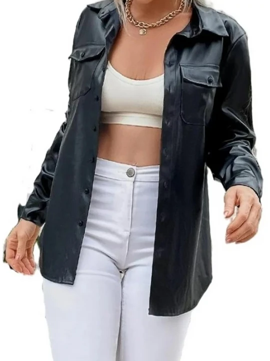 Flap Pocket Black Leather Blouse