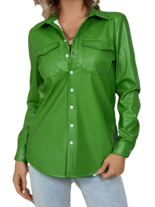 Flap Pocket Green Leather Blouse