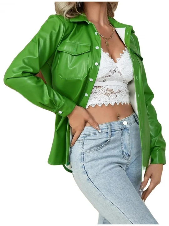Flap Pocket Green Leather Blouse