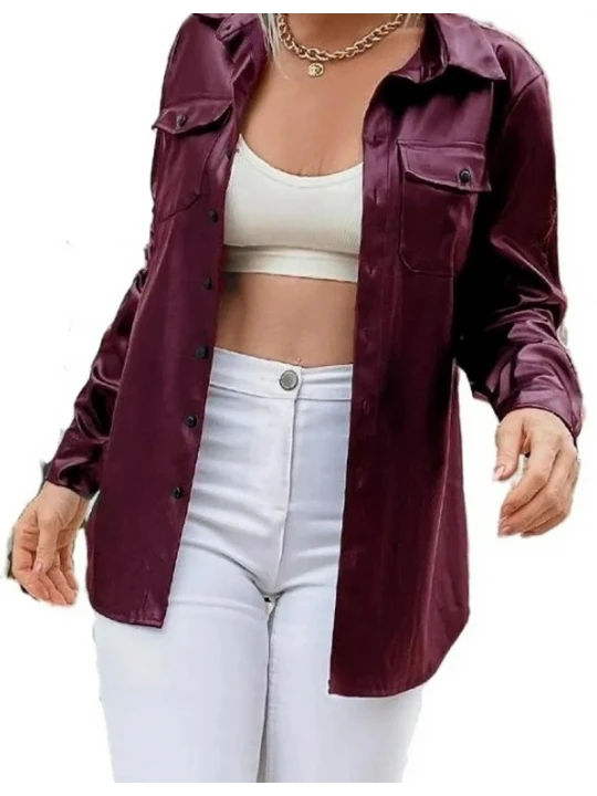 Flap Pocket Purple Leather Blouse