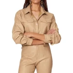 Flap Pockets Beige Leather Shirt