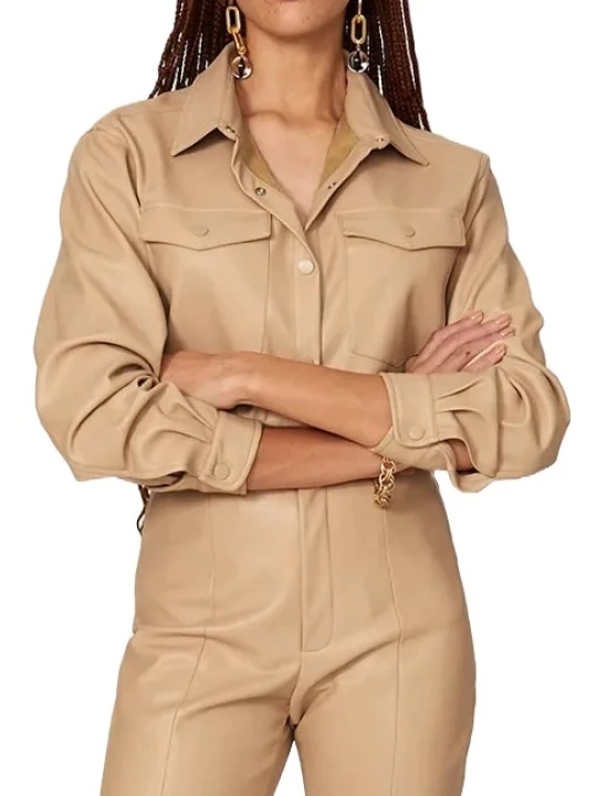 Flap Pockets Beige Leather Shirt