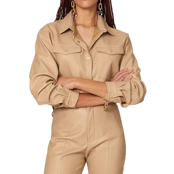 Flap Pockets Beige Leather Shirt