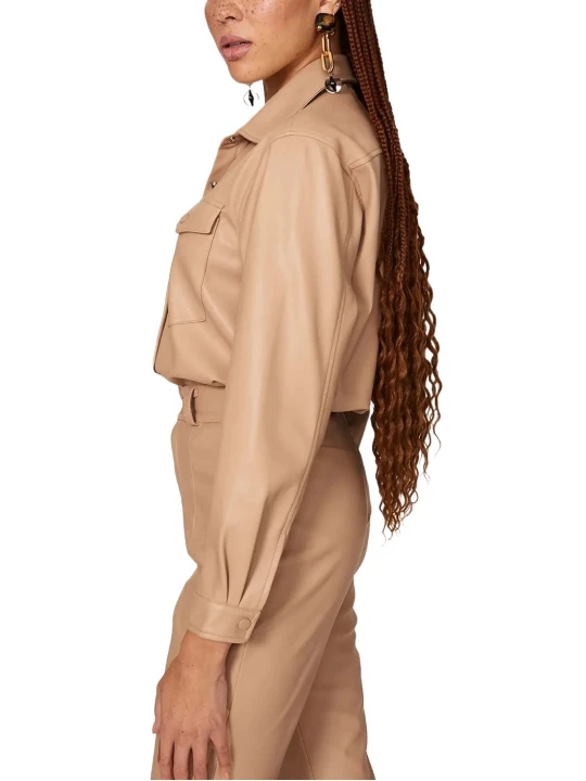 Flap Pockets Beige Leather Shirt