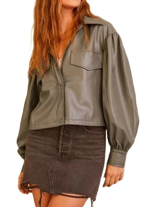 Grey Leather Cropped Shirt Jacket
