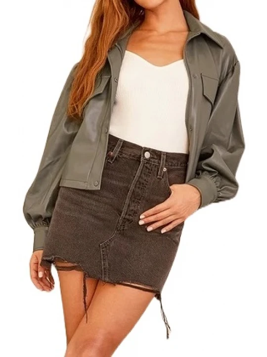 Grey Leather Cropped Shirt Jacket