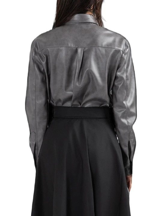 Grey Leather Long Sleeved Buttoned Shirt