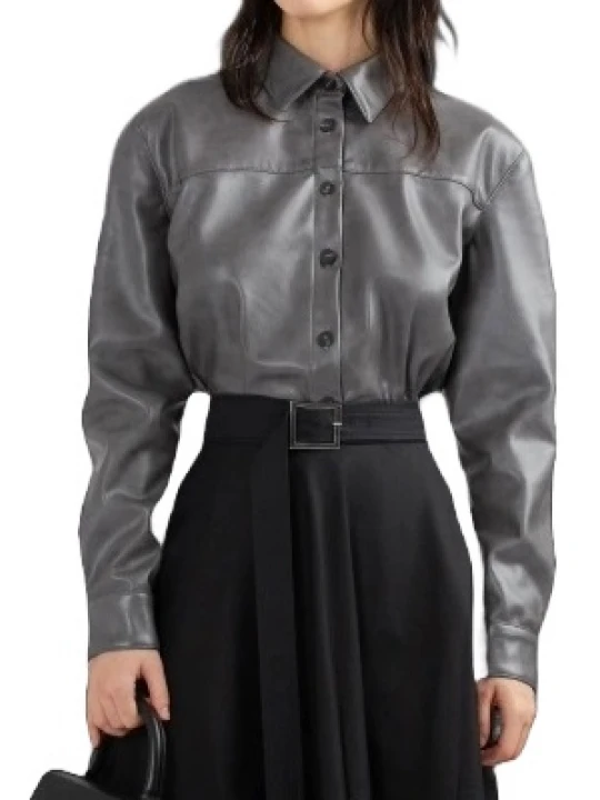 Grey Leather Long Sleeved Buttoned Shirt