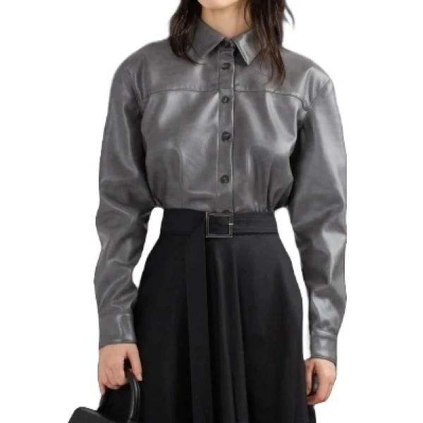 Grey Leather Long Sleeved Buttoned Shirt