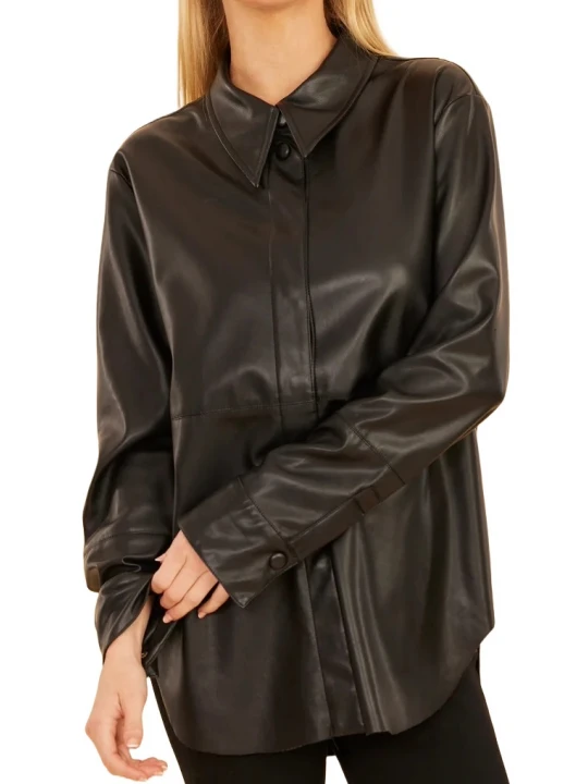 Hidden Buttons Black Leather Shirt
