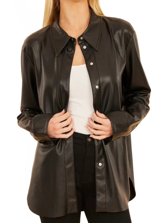 Hidden Buttons Black Leather Shirt