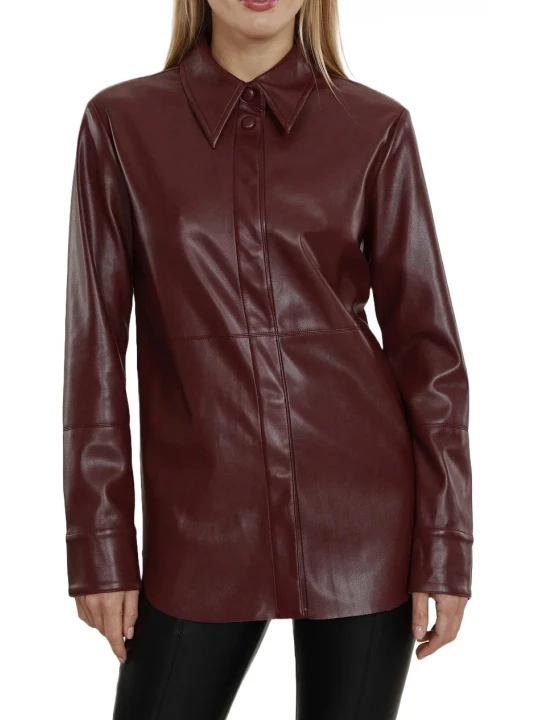 Hidden Buttons Burgundy Leather Shirt