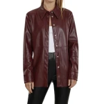 Hidden Buttons Burgundy Leather Shirt