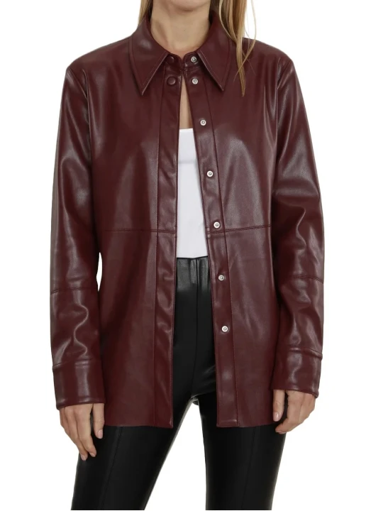 Hidden Buttons Burgundy Leather Shirt