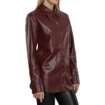 Hidden Buttons Burgundy Leather Shirt