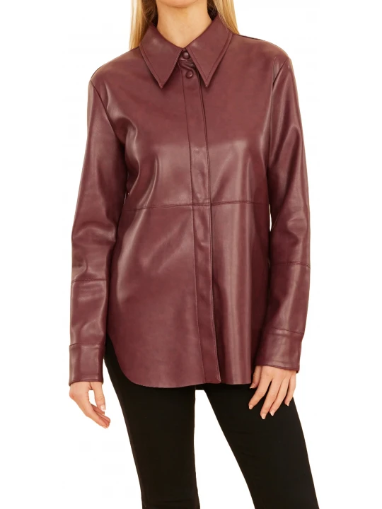 Hidden Buttons Maroon Leather Shirt
