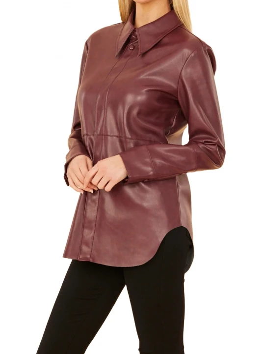 Hidden Buttons Maroon Leather Shirt