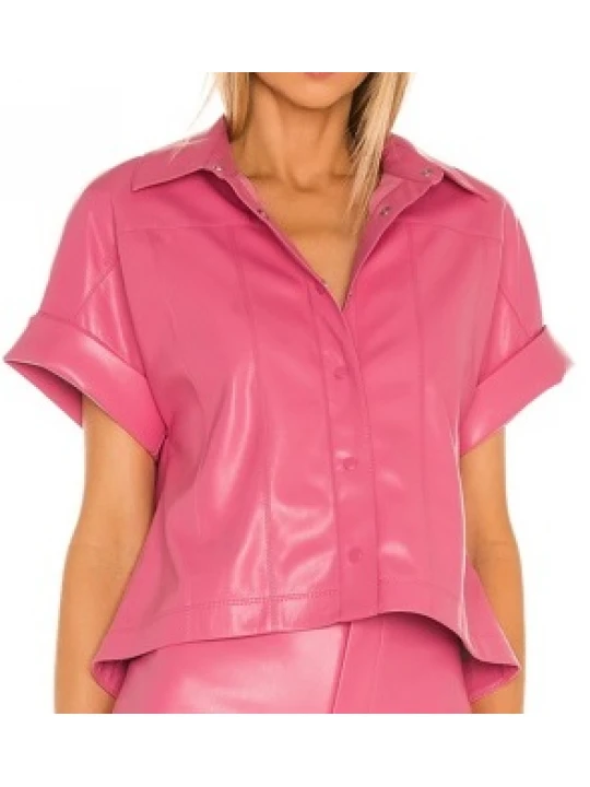 Leather Button Down Shirt In Pink