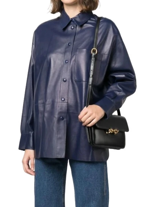 Long Sleeve Navy Blue Leather Shirt