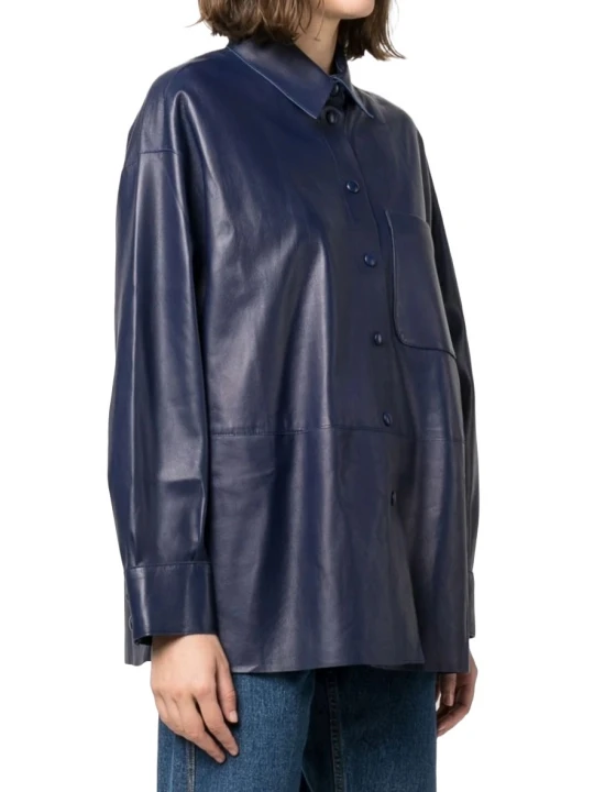 Long Sleeve Navy Blue Leather Shirt