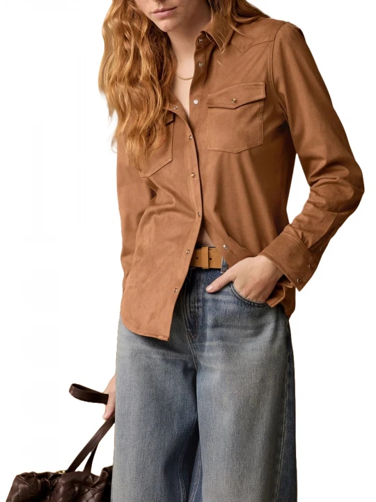 Long Sleeve Tan Suede Leather Shirt