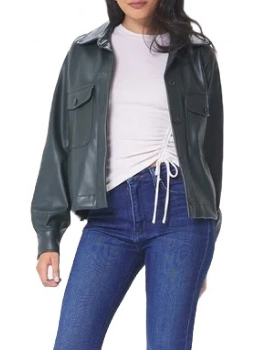Navy Blue Flap Pockets Leather Shirt