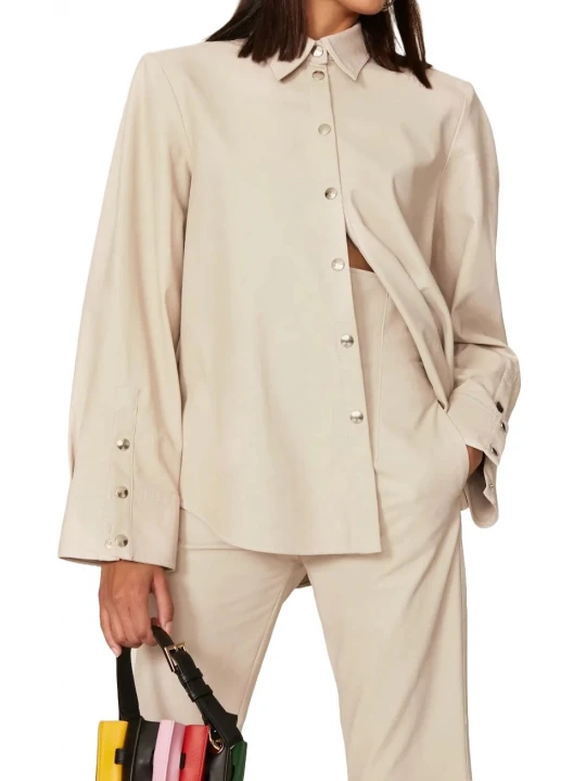 Off White Leather Snap Buttons Shirt