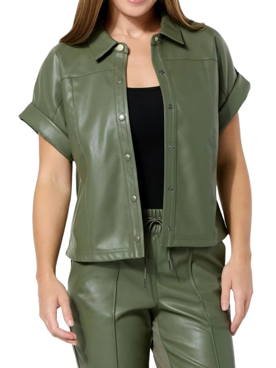Olive Green Leather Snap Front Shirt