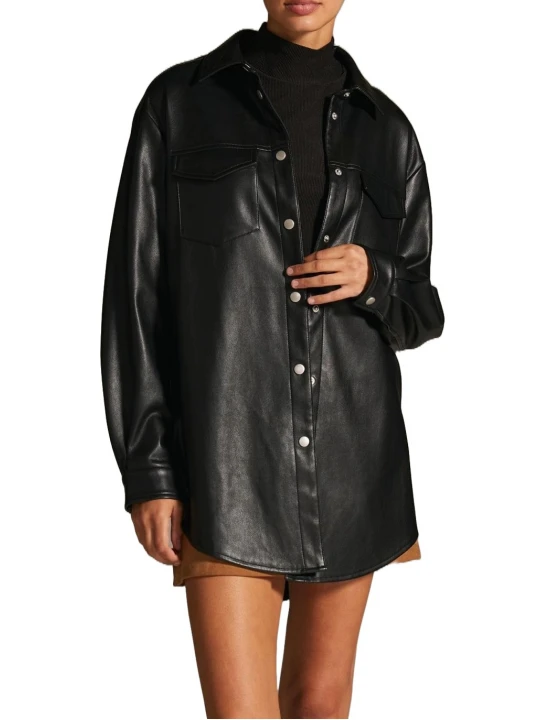 Oversized Black Leather Shirt Jacket