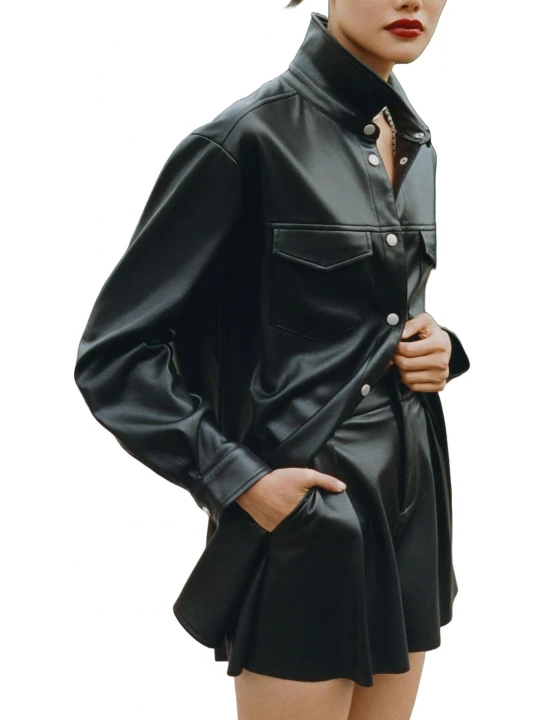 Oversized Black Leather Shirt Jacket