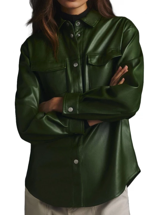 Oversized Green Leather Shirt Jacket