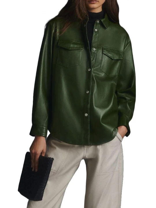 Oversized Green Leather Shirt Jacket