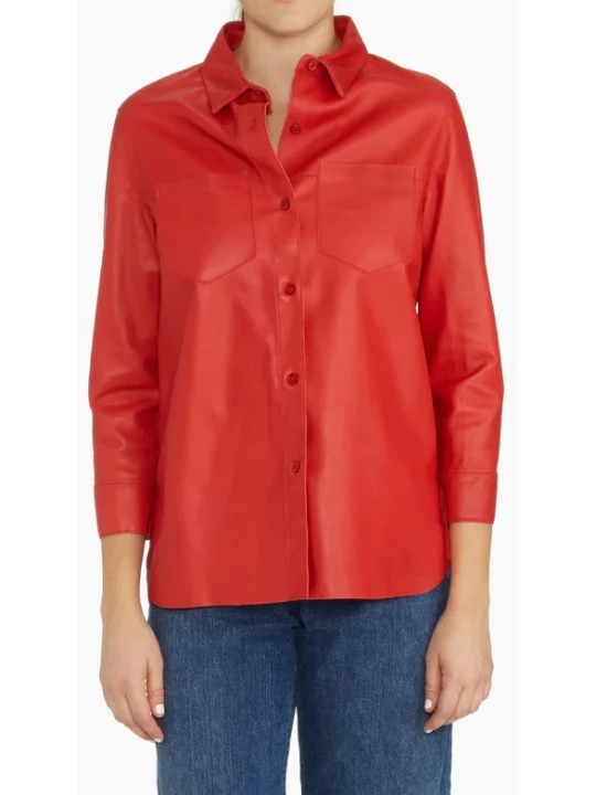 Patch Chest Pockets Red Leather Shirt