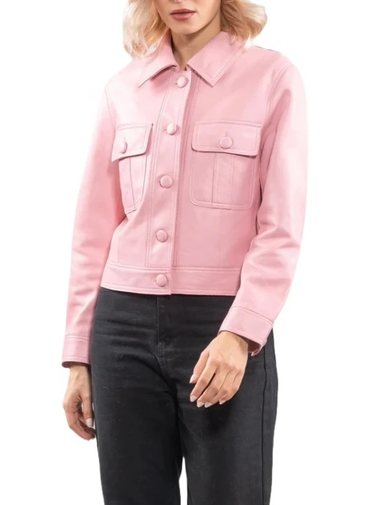 Pink Leather Shirt Jacket With Buttons