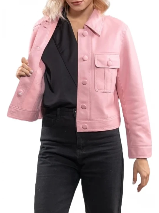 Pink Leather Shirt Jacket With Buttons