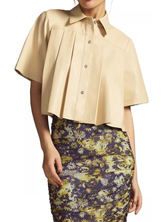 Pleated Leather Shirt Beige