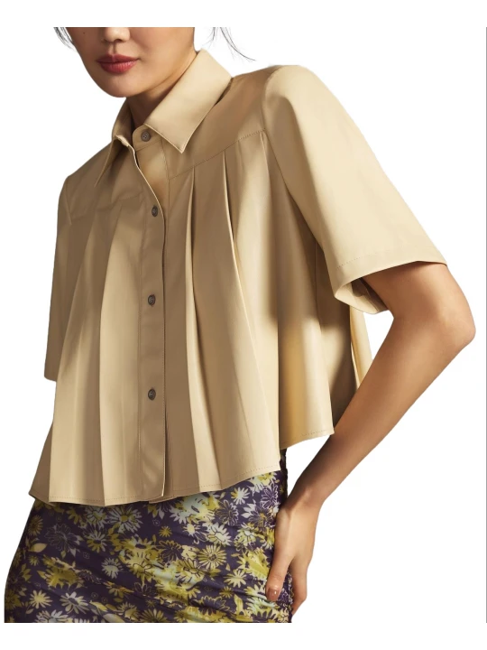 Pleated Leather Shirt Beige