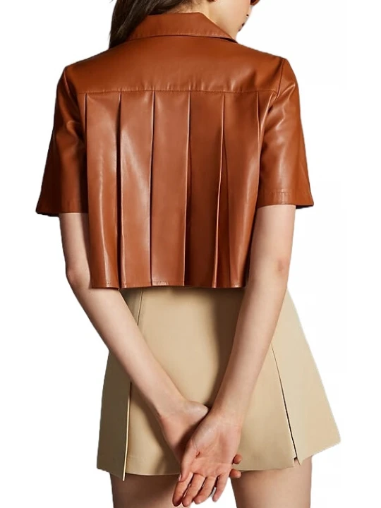 Pleated Leather Shirt Brown