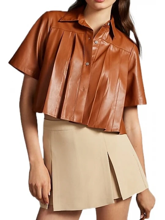Pleated Leather Shirt Brown