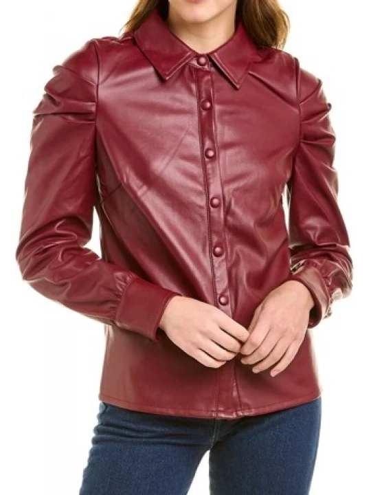 Point Collar Burgundy Leather Shirt