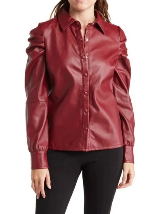 Point Collar Burgundy Leather Shirt
