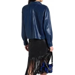Press Button Closure Leather Shirt Navy Blue